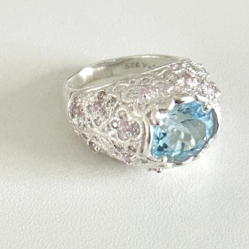 David Sigal 925 Sterling Silver Genuine Blue Topaz Pink CZ Statement Ring Size 9